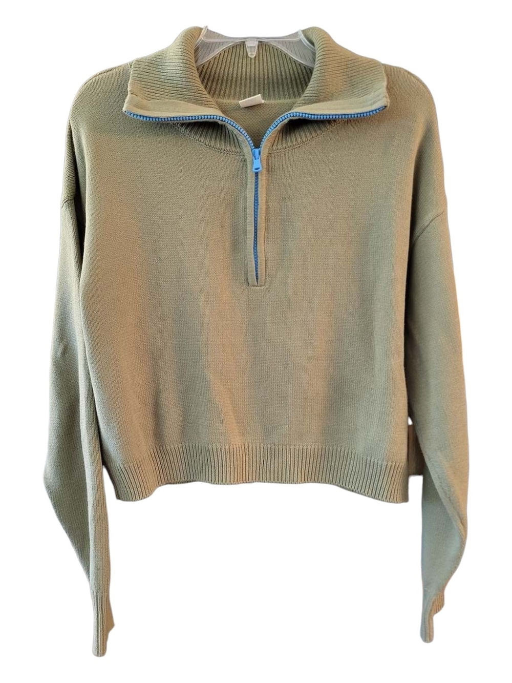 Melrose and Market Olive Green Cropped Half-Zip Sweater with Blue Zip - Size M